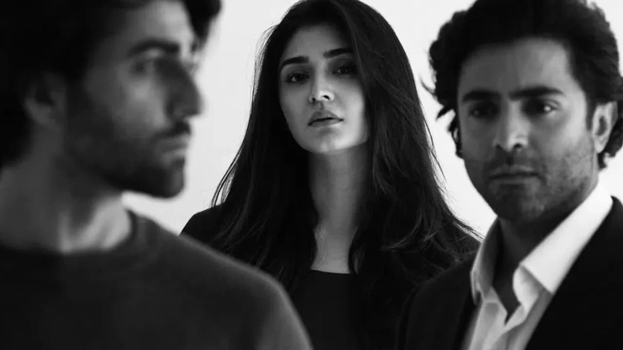 Dar-e-Nijaat — official black-and-white portrait of Durefishan Saleem between Sheheryar Munawar and Nameer Khan
